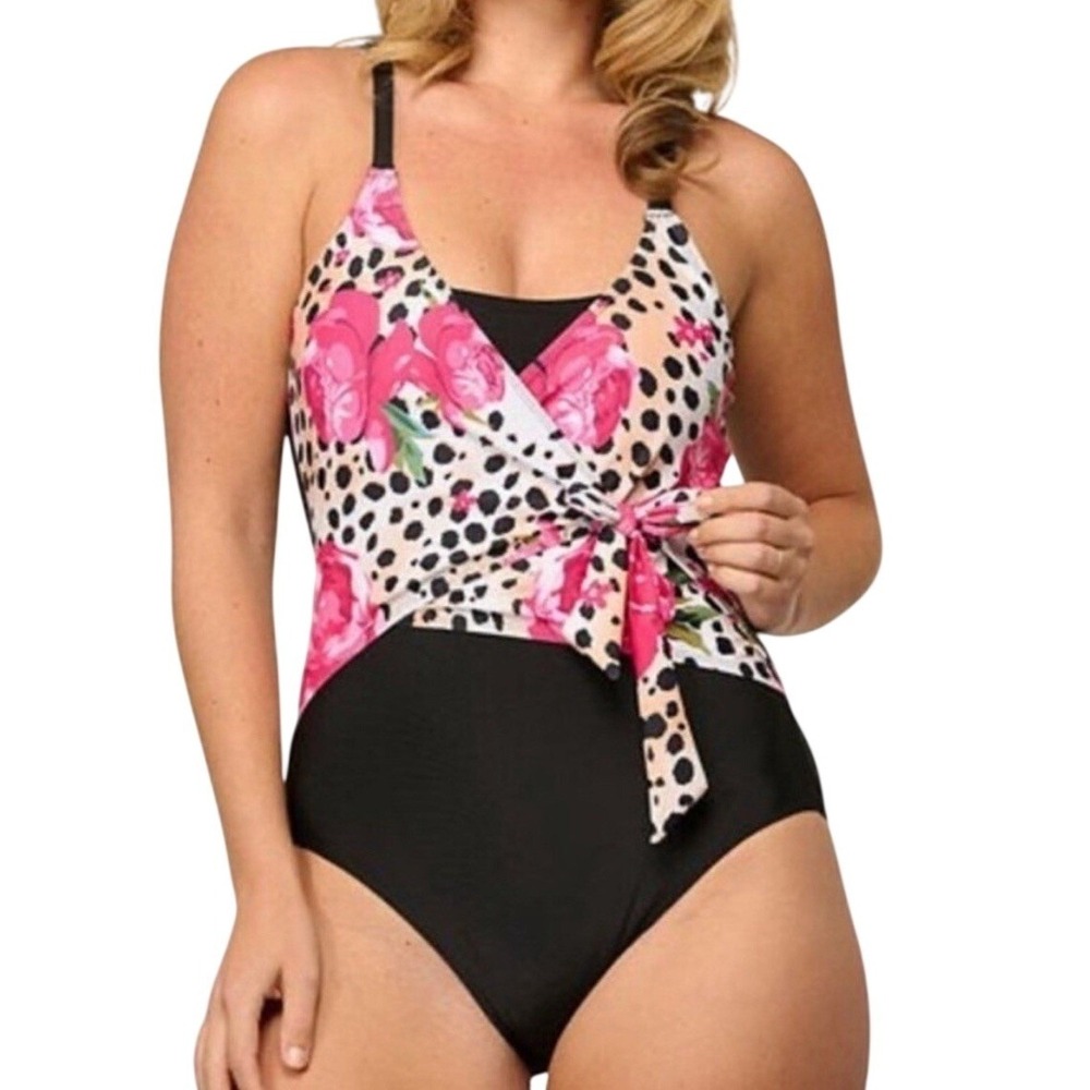 Noon Swim Womens Leopard Floral Wrap Front One Piece Swimsuit Black Pink Size 12